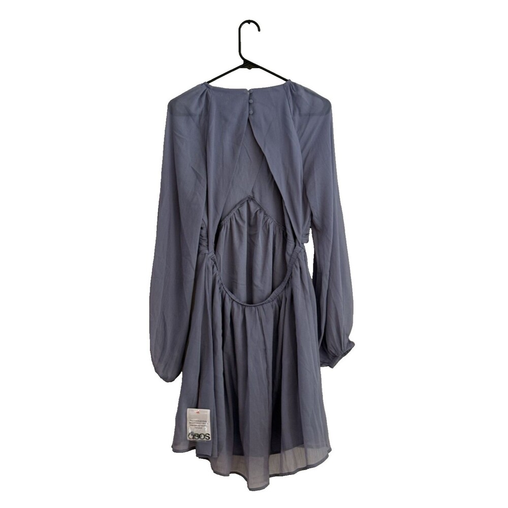 Asos Design Mini Dress Size US 12 EU 44 Lilac Sheer Puff Sleeve Open Back New - Picture 4 of 13